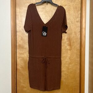 NWT Chaser Poor Boy Light Brown Soft Romper Double V Cut Rib Oversized S